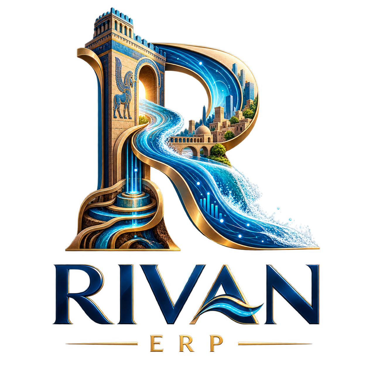 Rivan conceptual brand artwork inspired by the flow of information and ancient architecture